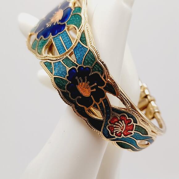 Vintage Cloisonné Hinged Bracelet 6 3/4" Blue Green Floral Enamel Gold Tone - Picture 7 of 10